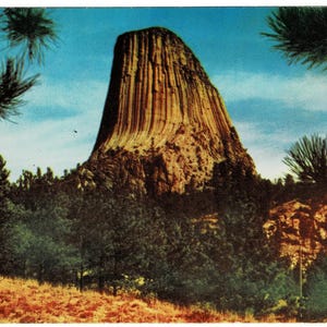 May include: Vintage postcard featuring a scenic view of Devils Tower National Monument in Wyoming. The image showcases the towering rock formation against a blue sky, surrounded by green trees and a foreground of reddish-brown terrain. The postcard has a retro aesthetic.