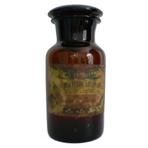 19th c. Brown Apothecary Jar from Argentina, Original Label, Get Lucky Vintage, Homeopathic or Pharmacy Bottle and Stopper