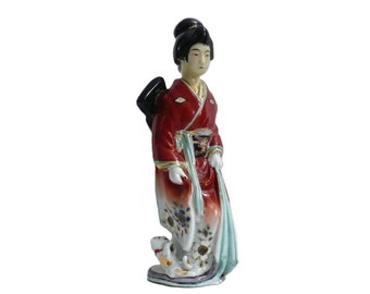 Early 19thc Maiko Geisha & Kitten Kutani-Ware Porcelain Figurine GetLuckyVintage