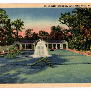 May include: Vintage postcard of Briarcliff Gardens Swimming Pool in Atlanta, GA. The image shows a large pool with a central fountain, slides, and people swimming. Trees and a building with arches surround the pool, with a colorful sky in the background.