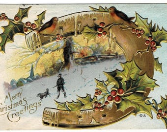 1912 Hunter in Winter Christmas Postcard, Horseshoe