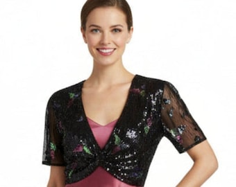 Medium, 1930s Gelatin Sequin Black Bolero, Eveningwear Wrap, Get Lucky Vintage