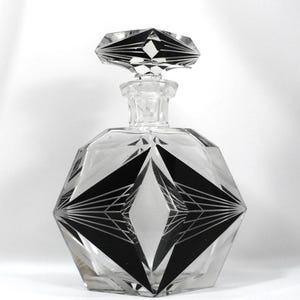 1930s Vintage Karl Palda Liquor Decanter Barware Art Deco Crystal & Black Enamel Bohemian Art Glass Get Lucky Vintage