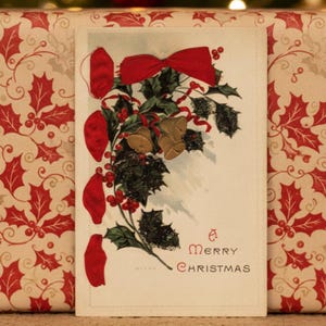 1916  Embellished with Tiny Orbs of Cheer Christmas Postcard, Silk Ribbon, Get Lucky Vintage