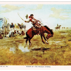 May include: Vintage postcard illustration titled "Rider of the Rough String." A cowboy on a bucking bronco is the focal point, with a wagon, horses, and other cowboys in the background. The scene is set in a grassy field under a blue sky.