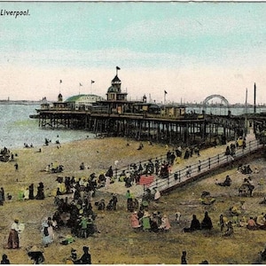 1907 People on the Beach at New Brighton Pier Beach Liverpool England Vintage Topographical Lithograph Postcard Get Lucky Vintage Ephemera