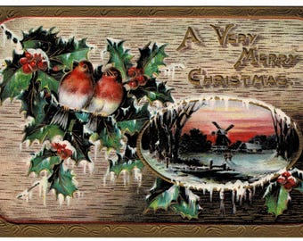 1911 Songbirds, Snow and Wintry Windmill Christmas Postcard