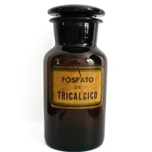 19th c. Argentina Apothecary Jar Fosfato de Tricalcico Amber Glass, Get Lucky Vintage, Homeopathic Apothecary or Pharmacy Medicinal Bottle