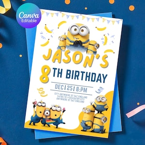 Bearbeitbare Minion Kindergeburtstagseinladung, Kindergeburtstagseinladung, Minion-Thema bearbeitbare Geburtstagseinladung, Mädchen-Geburtstag, Jungen-Einladung