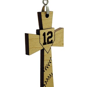 Baseball Softball Cross Necklace Initial or Number Engraved Hardwood Cross Pendant With Stiching Christmas Gifts for Men Women Boys Girls