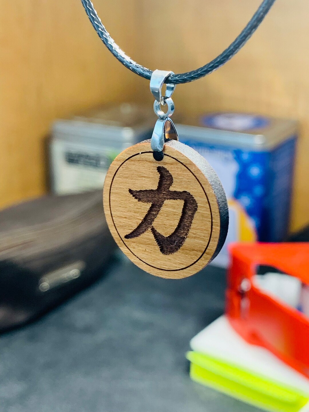 Kanji Strength Japanese Hardwood Engraved Pendant Necklace Kanji ...