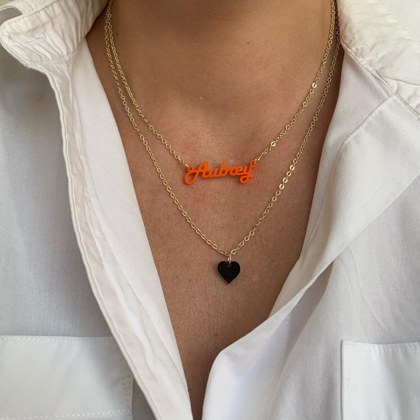 thumbnail image 2 of Personalized 14K Gold Plated Name Plate Necklace – Unisex, Any Name/Color, Onyx/Acrylic, Joolsie Co. 2 of 6