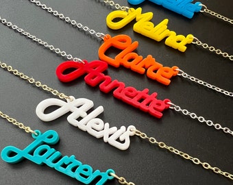 Personalized Acrylic Name Necklace for Little Girl Gift Idea Custom Cursive Name Pendant Jewelry for Kids Colorful Dainty Necklace for Mom