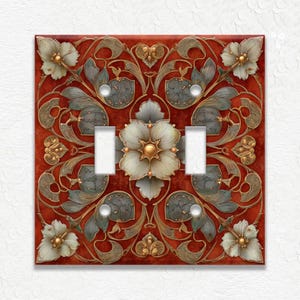 Vintage Floral Art Nouveau Red Design Metal Light Switch Cover and Outlet Covers, Receptacle Covers, Duplex Covers, Decorative Wall Plates