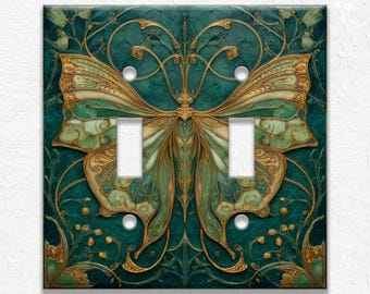 Art Nouveau Green Butterfly Metal Light Switch Plate Covers and Outlets, Receptacle Covers, Decorative Wall Plates, Butterfly Home Decor
