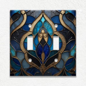 Metal Light Switch Plate Covers and Outlet Covers Blue Stained Glass Design - Decorative Wall Plates - Receptacle Covers - Duplex Covers