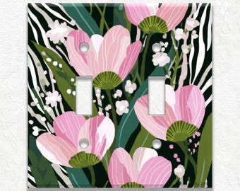 Pink Blooms & Stripes Decorative Switch Cover Pink and Green, Outlet Covers, Duplex Covers, Decorative Wall Plates, Home Decor, Wall Decor
