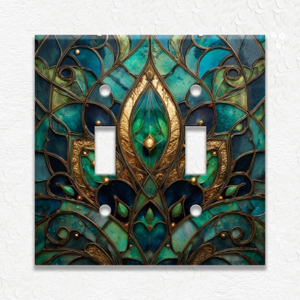 Teal Green Metal Light Switch Covers and Outlet Covers Stained Glass Design - Decorative Wall Plates - Receptacle Covers - Duplex Covers