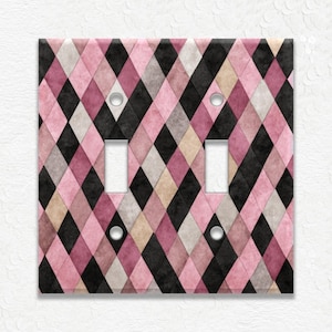 Aged Harlequin Checkered Black and Pink Design Metal Light Switch Covers, Outlet Covers, Wall Plates Receptacle Covers, Home Decor