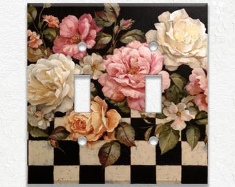 Black and White Checkered Pink Floral Metal Light Switch Covers, Outlet Covers, Duplex Covers, Wall Plates, Home Decor, Wall Decor