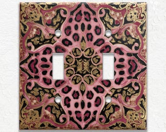 Pink and Black Leopard Print Design Metal Switch Plate Covers and Outlet Covers, Duplex Covers, Receptacle Covers, Animal Print Decor
