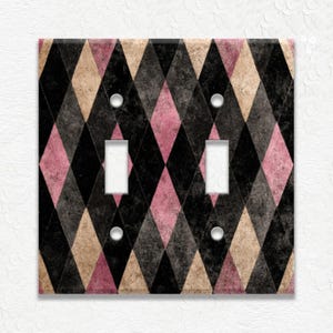 Aged Harlequin Checkered Black and Pink Design Metal Light Switch Covers, Outlet Covers, Wall Plates Receptacle Covers, Home Decor