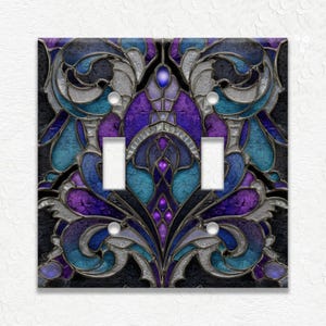 Metal Light Switch Covers and Outlet Covers Purple and Blue Stained Glass Design - Duplex Covers - Decorative Wall Plates - Wall Decor