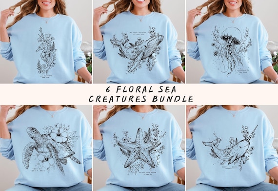Floral Boho Sea Creatures PNG SVG: Ocean Lover T-Shirt Design (Digital Download)