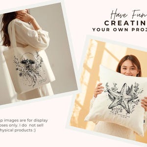 May include: Two mockup images: a tote bag and a pillow. The tote bag is cream-colored with a black and white jellyfish design. The pillow is also cream-colored, featuring a starfish design. The text "Have Fun CREATING YOUR OWN PROJECTS" is at the top.