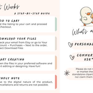 May include: A step-by-step guide with the title "How it Works" and a cartoon duck holding a cookie. The guide includes instructions to add to cart, download files, and start creating. It also notes that cancellations and returns are not possible.