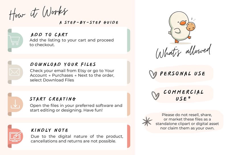 May include: A step-by-step guide with the title "How it Works" and a cartoon duck holding a cookie. The guide includes instructions to add to cart, download files, and start creating. It also notes that cancellations and returns are not possible.