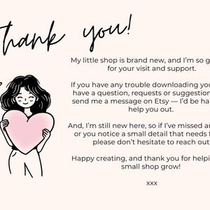 May include: A digital art image with the words "Thank you!" in a handwritten font. A cartoon figure holds a pink heart. Text below expresses gratitude for support and offers assistance with downloads.