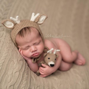 Deer Newborn Photography Prop, The Littlest Fawn Hand Knit Bonnet and Stuffie, Woodland Nursery Theme, Made To Order, Newborn Size Bonnet image 1