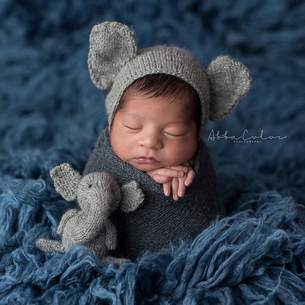 Elephant Newborn Photography Prop, The Littlest Elephant Hand Knit Bonnet and Stuffie, Made To Order, Newborn Size Bonnet