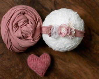 Pillow Headband Photography Prop, Enchanted Headband Set, Newborn Size Headband, Stretch Wrap, Knit Stuffed Heart, Ready To Ship