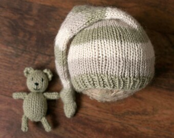 Hat and Bear Photography Prop, The Night Cap/Tiny Teddy Set, Hand Knit Newborn Hat, Hand Knit Stuffed Bear,  Ready To Ship