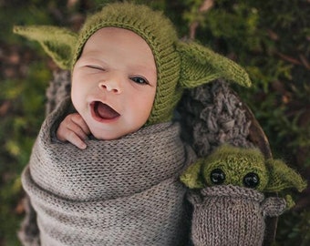 Newborn Photography Prop, The Child Hand Knit Bonnet and Stuffie, Baby Shower Gift, Made To Order