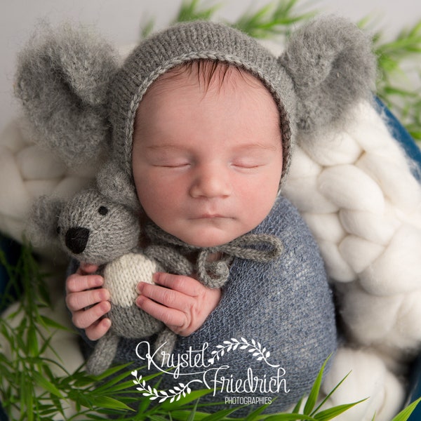 Koala Newborn Photography Prop, The Littlest Koala Hand Knit Bonnet and Stuffie, Made To Order, Newborn Size Bonnet