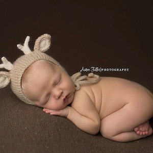 Deer Newborn Photography Prop, The Littlest Fawn Hand Knit Bonnet and Stuffie, Woodland Nursery Theme, Made To Order, Newborn Size Bonnet image 5