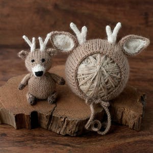 Deer Newborn Photography Prop, The Littlest Fawn Hand Knit Bonnet and Stuffie, Woodland Nursery Theme, Made To Order, Newborn Size Bonnet image 3