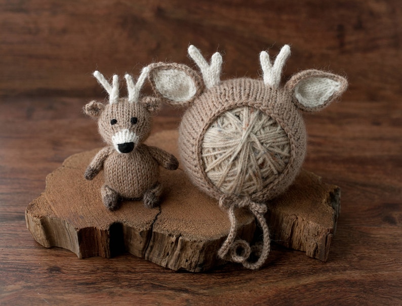 Deer Newborn Photography Prop, The Littlest Fawn Hand Knit Bonnet and Stuffie, Woodland Nursery Theme, Made To Order, Newborn Size Bonnet image 3