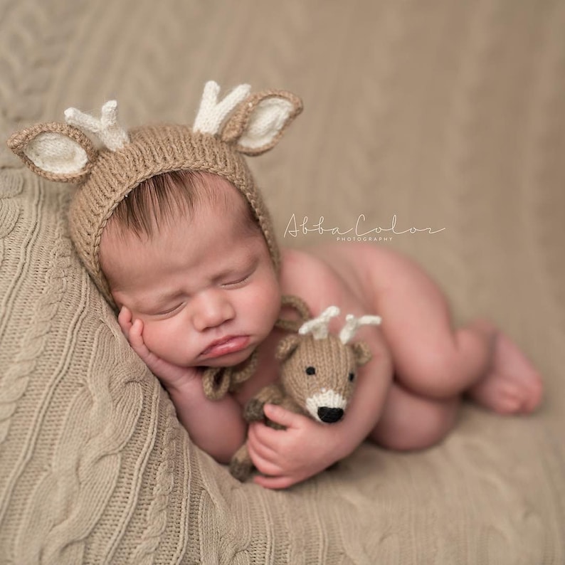 Deer Newborn Photography Prop, The Littlest Fawn Hand Knit Bonnet and Stuffie, Woodland Nursery Theme, Made To Order, Newborn Size Bonnet image 1
