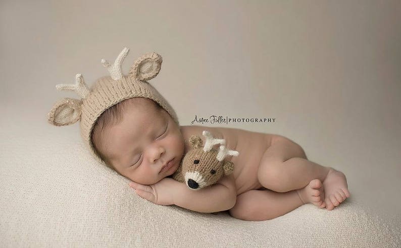 Deer Newborn Photography Prop, The Littlest Fawn Hand Knit Bonnet and Stuffie, Woodland Nursery Theme, Made To Order, Newborn Size Bonnet image 4