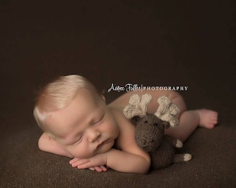 Moose Newborn Photography Prop, The Littlest Moose Hand Knit Bonnet and Stuffie, Made To Order, Newborn Size Bonnet