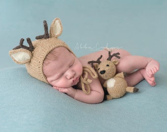 Reindeer Newborn Photography Prop, The Littlest Reindeer Hand Knit Bonnet and Stuffie, Made To Order, Newborn Size Bonnet