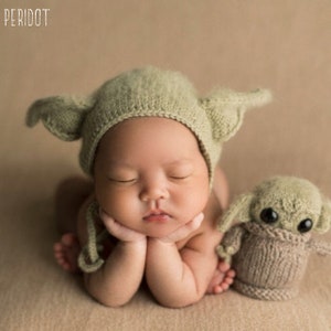 Newborn Photography Prop, The Child Hand Knit Bonnet and Stuffie, Baby Shower Gift, Ready To Ship