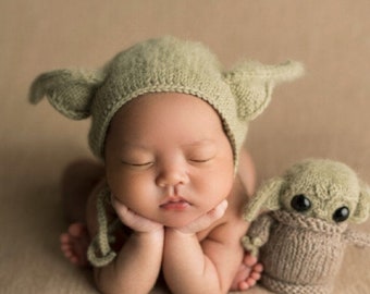 Newborn Photography Prop, The Child Hand Knit Bonnet and Stuffie, Baby Shower Gift, Made To Order