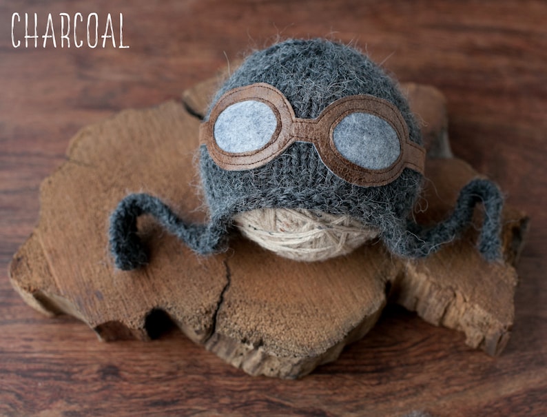 Pilot Hat Photography Prop, Hand Knit Hat, Removable Goggles, Newborn Size, Made to Order image 8