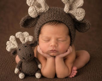 Elch Neugeborenen Fotografie Prop, die kleinste Elch Hand stricken Mütze und Stoff, auf Bestellung, Neugeborene Größe Mütze