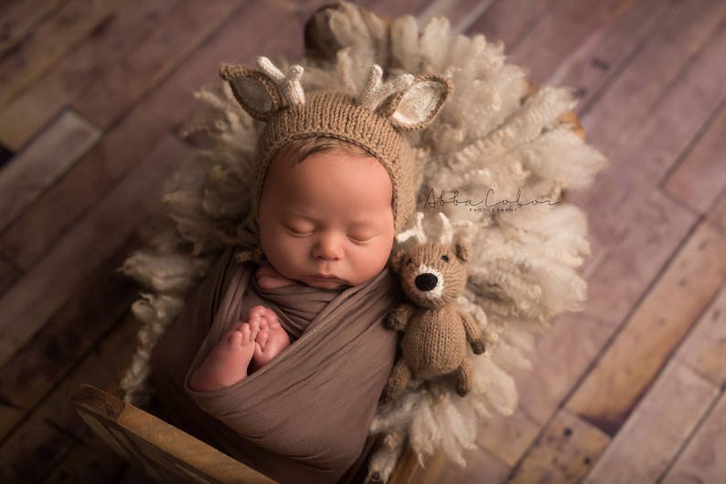 Deer Newborn Photography Prop, The Littlest Fawn Hand Knit Bonnet and Stuffie, Woodland Nursery Theme, Made To Order, Newborn Size Bonnet image 2